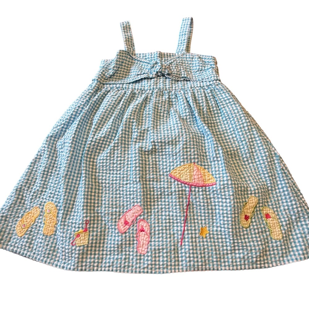 B.T. Kids Seersucker Beach Dress Blue Gingham Embroidered Flip Flops Size 4